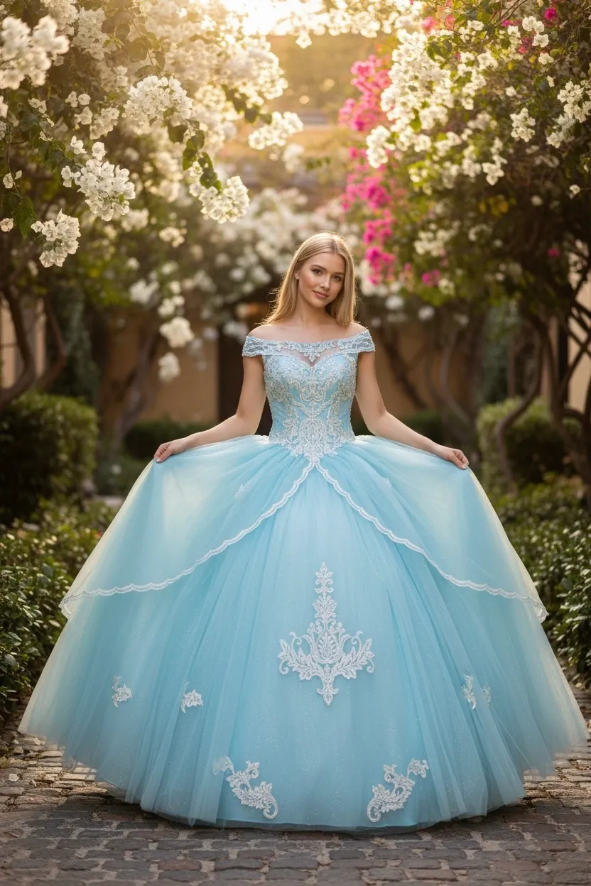 Vestido de 15 años de manga corta decorado con apliques en Top y falda corte Princesa