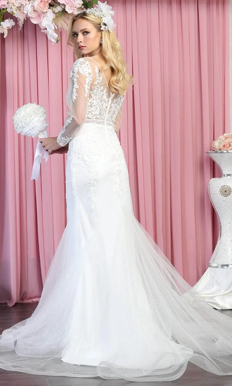 Vestido de Novia Cuello corte V, manga larga con transparencia decorado con apliques y falda corte Sirena
