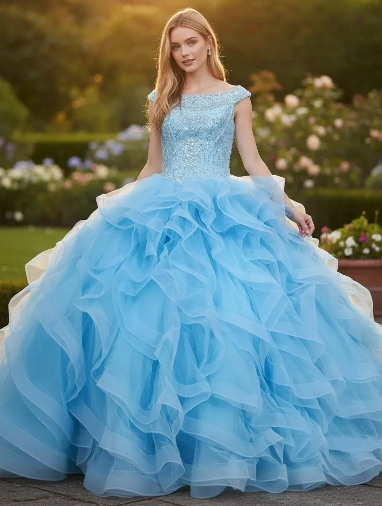 Vestido de 15 años falda corte princesa con volantes y pedreria en Top