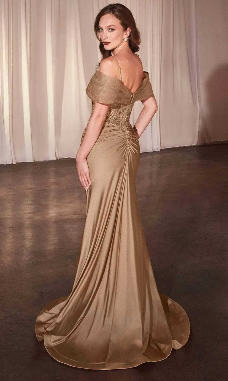 Vestido de Gala de tiras color Dorado con apliques y drapeado en top