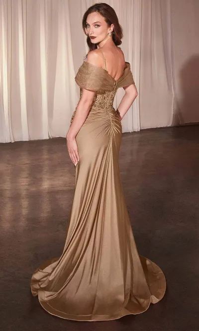 Vestido de Gala de tiras color Dorado con apliques y drapeado en top