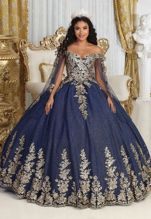 Vestido de 15 años Off Shoulder color Azul Marino decorado con apliques dorados en tela de glitter falda corte princesa