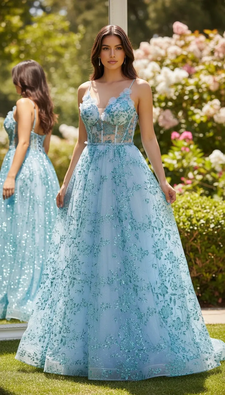 Vestido de Gala de tiras estilo corset con transparencia color Celeste decorado con decoraciones en glitter y petalos en 3D