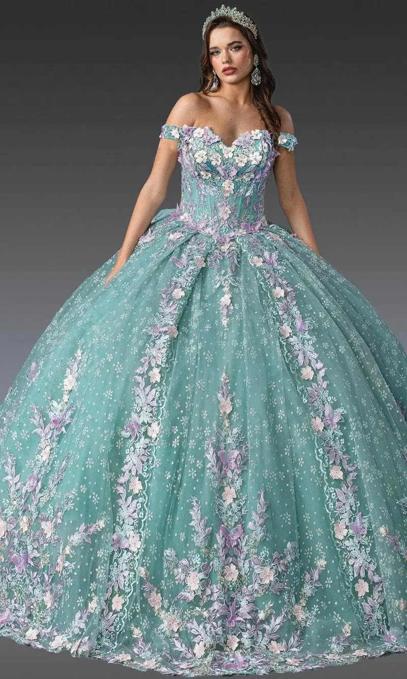 Vestido de 15 años Off Shoulder color Sage estilo corset decorado con apliques de flores multicolor con falda corte princesa