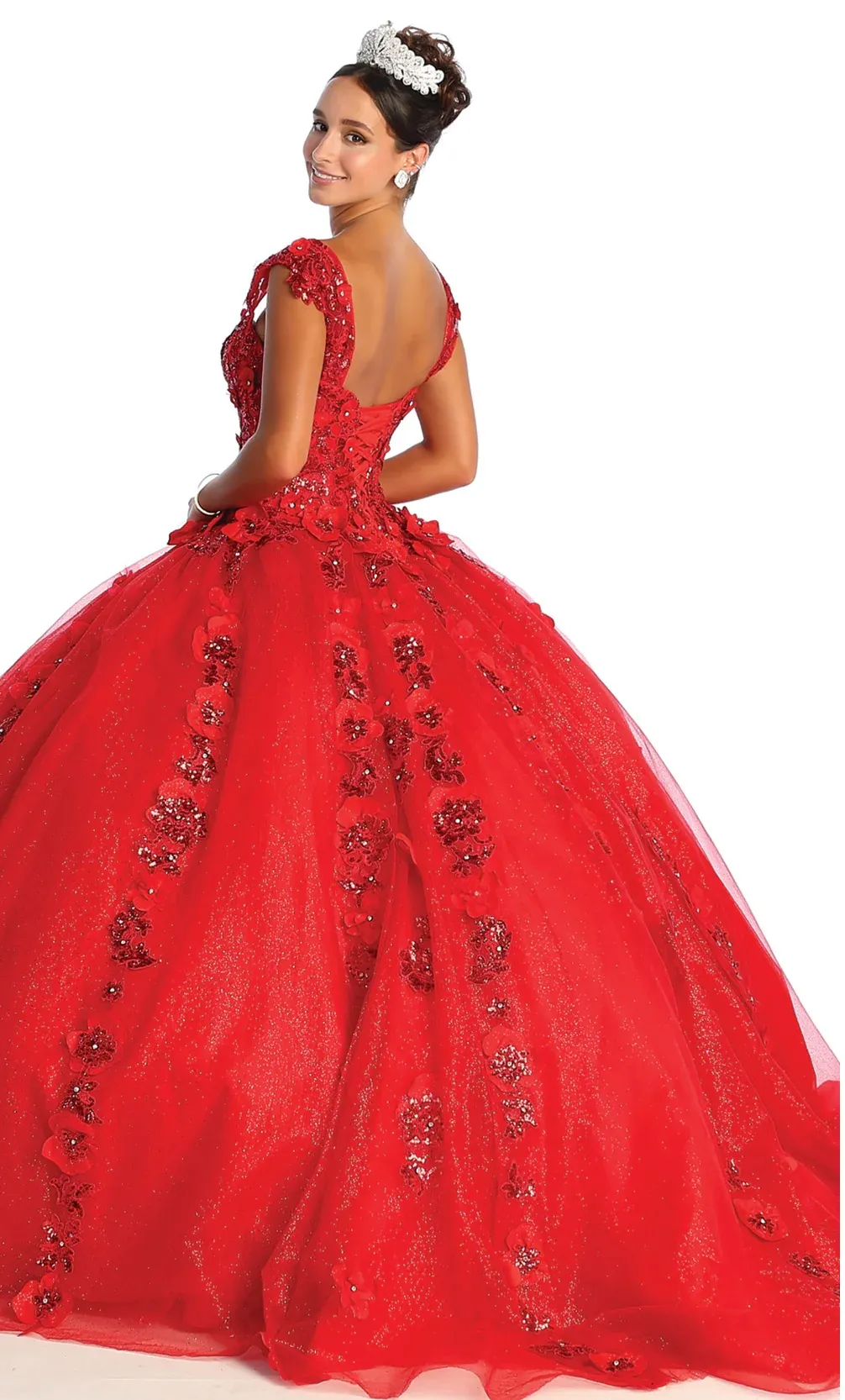 Vestido de 15 años de tiras decorado con apliques y flores en 3D en tela de glitter falda corte princesa