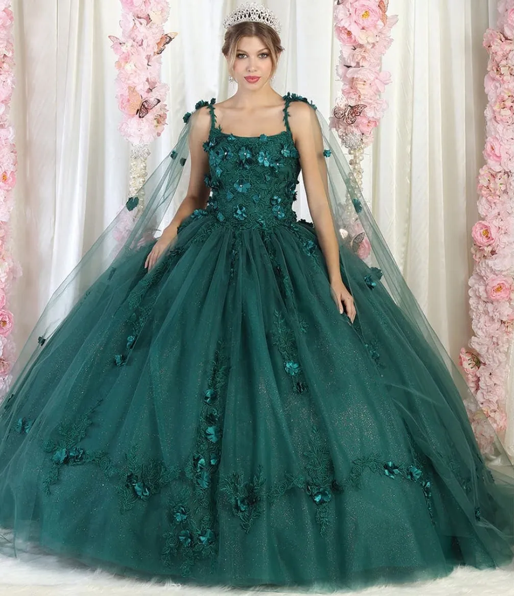 Vestido de 15 años de tiras decorado con apliques y flores en 3D en tela de glitter falda corte princesa