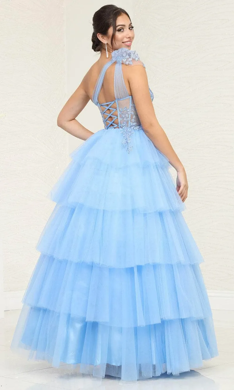 Vestido de Gala color Fucsia One-Shoulder estilo corset decorado con glitter en top y falda de capas larga