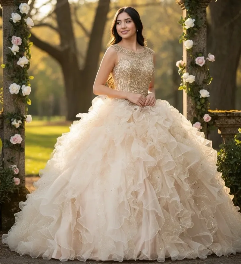 Vestido de 15 años cuello Halter espalda descubierta estilo corset decorado con apliques dorados en top y falda corte princesa con volantes