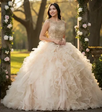 Vestido de 15 años cuello Halter espalda descubierta estilo corset decorado con apliques dorados en top y falda corte princesa con volantes