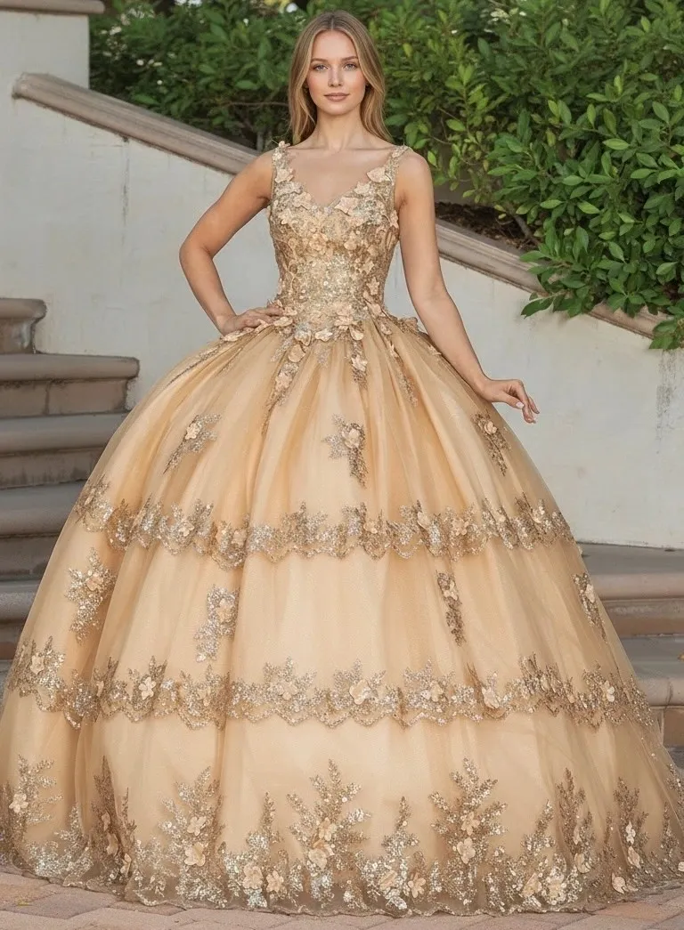Vestido de 15 años de tiras con decoraciones de Glitter y falda corte Princesa