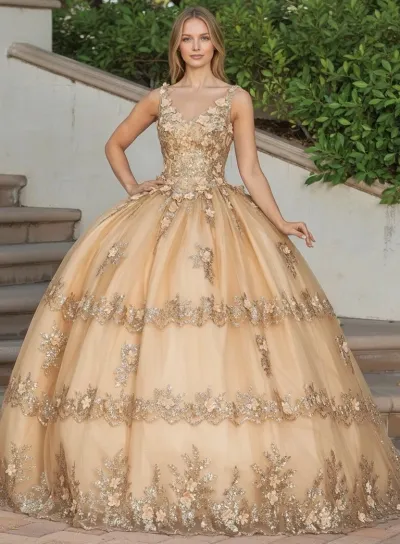 Vestido de 15 años de tiras con decoraciones de Glitter y falda corte Princesa