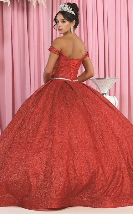 Vestido de Quinceaños off shoulder color Rojo de tela Glitter, falda corte princesa (Red)