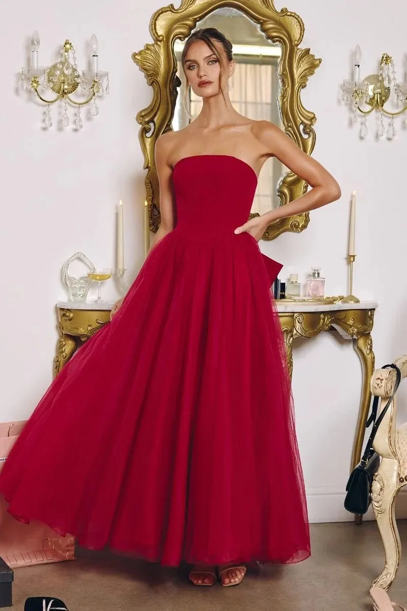 Vestido Cocktail Midi Strapless con falda corte A y lazo