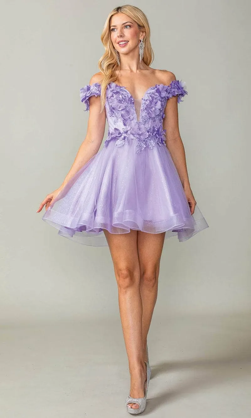 Vestido de 15 años corto Off Shoulder decorado con apliques de flores en 3D y falda corte A de Tul