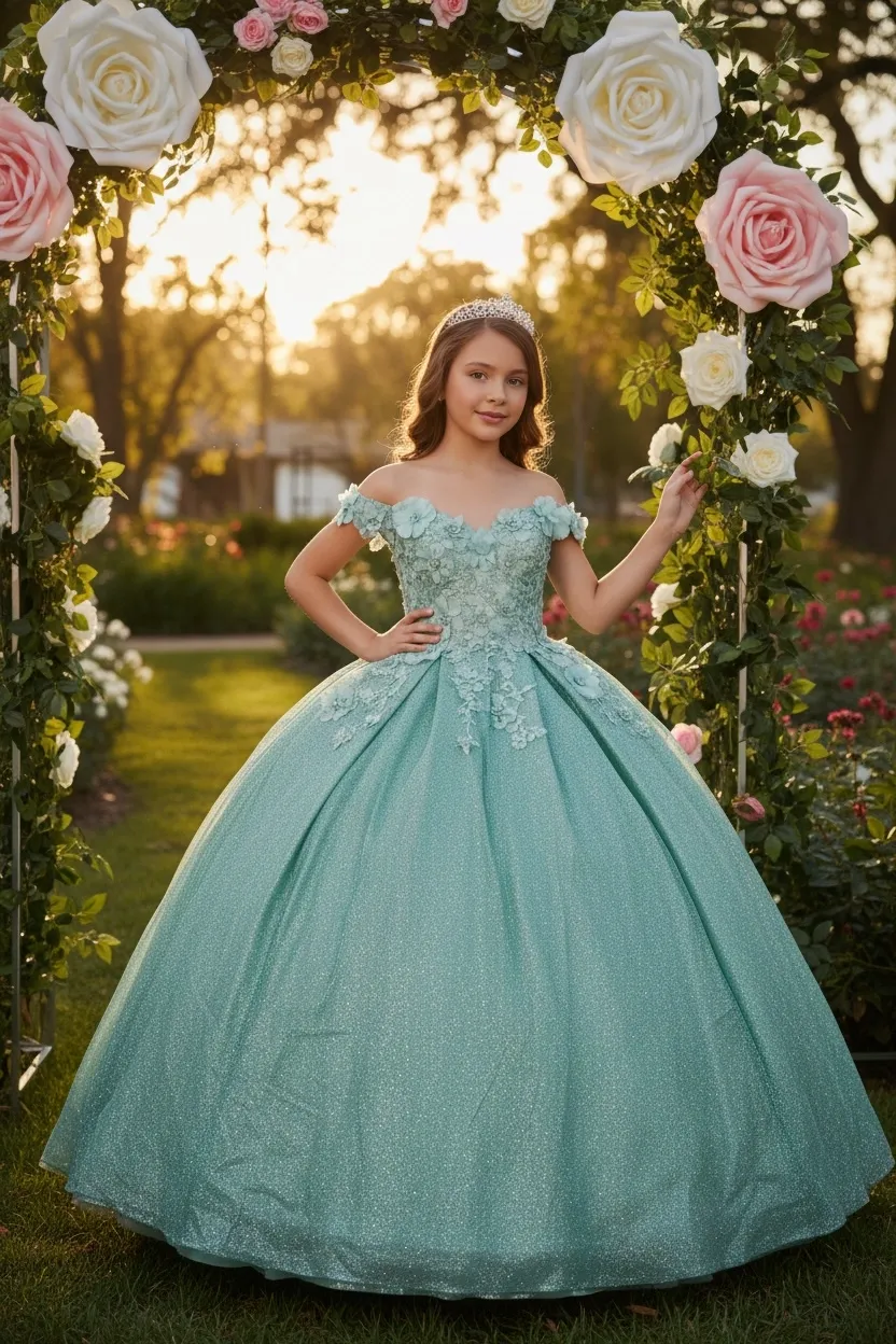 Vestido Petit corte princesa Off Shoulder en tela de Glitter decorado con apliques de Flores en 3D