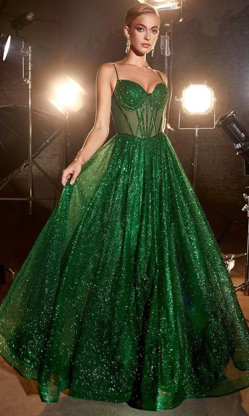 Vestido de Gala de tiras color Esmeralda estilo corset semi-transparente en top decorado con glitter