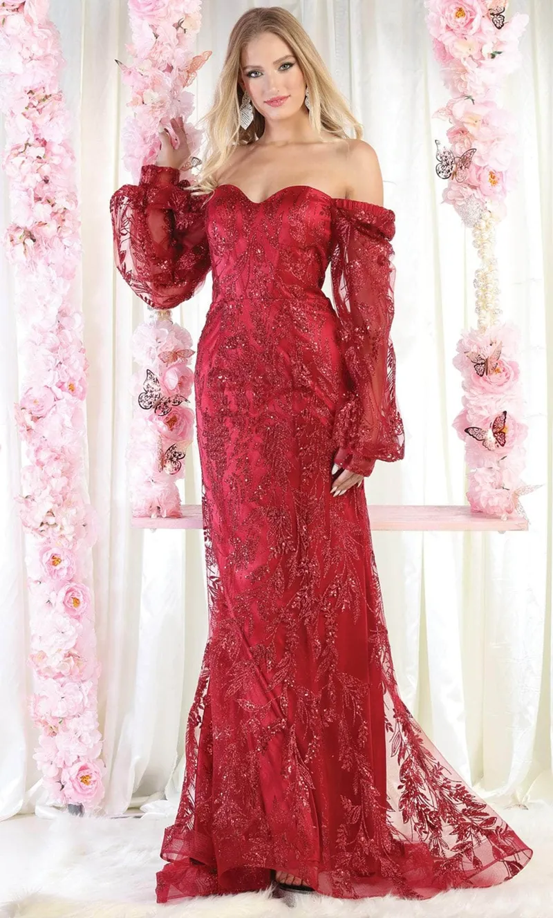 Vestido de Gala Off Shoulder con mangas abullonadas decorado con Glitter y escote en forma de corazon