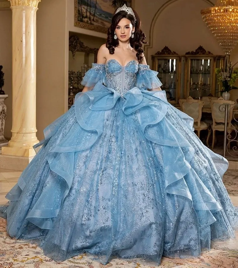 Vestido de 15 años Imperium Off Shoulder falda corte Princesa con cola y lazo