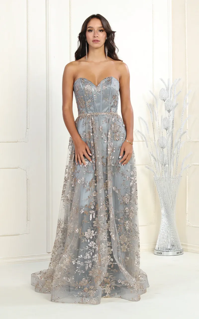 Vestido de Gala Strapless decorado con Glitter y falda corte A
