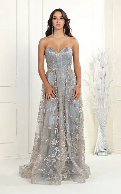 Vestido de Gala Strapless decorado con Glitter y falda corte A