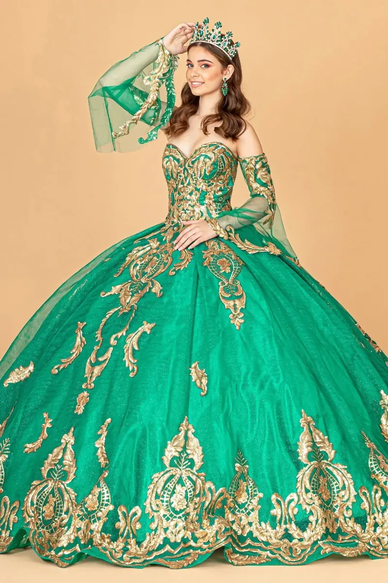 Vestido de 15 años Imperium Strapless con mangas tipo guantes decorado con apliques
