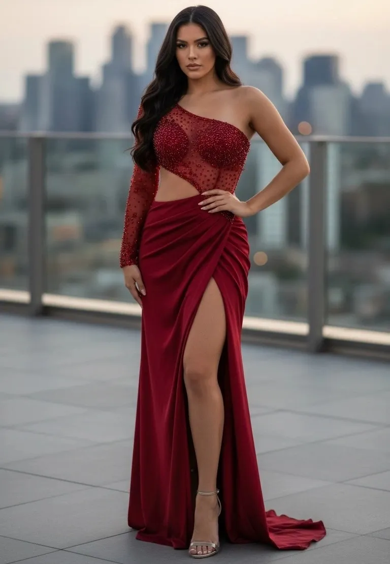 Vestido de gala One Shoulder con manga larga ajustado color Rojo con abertura lateral