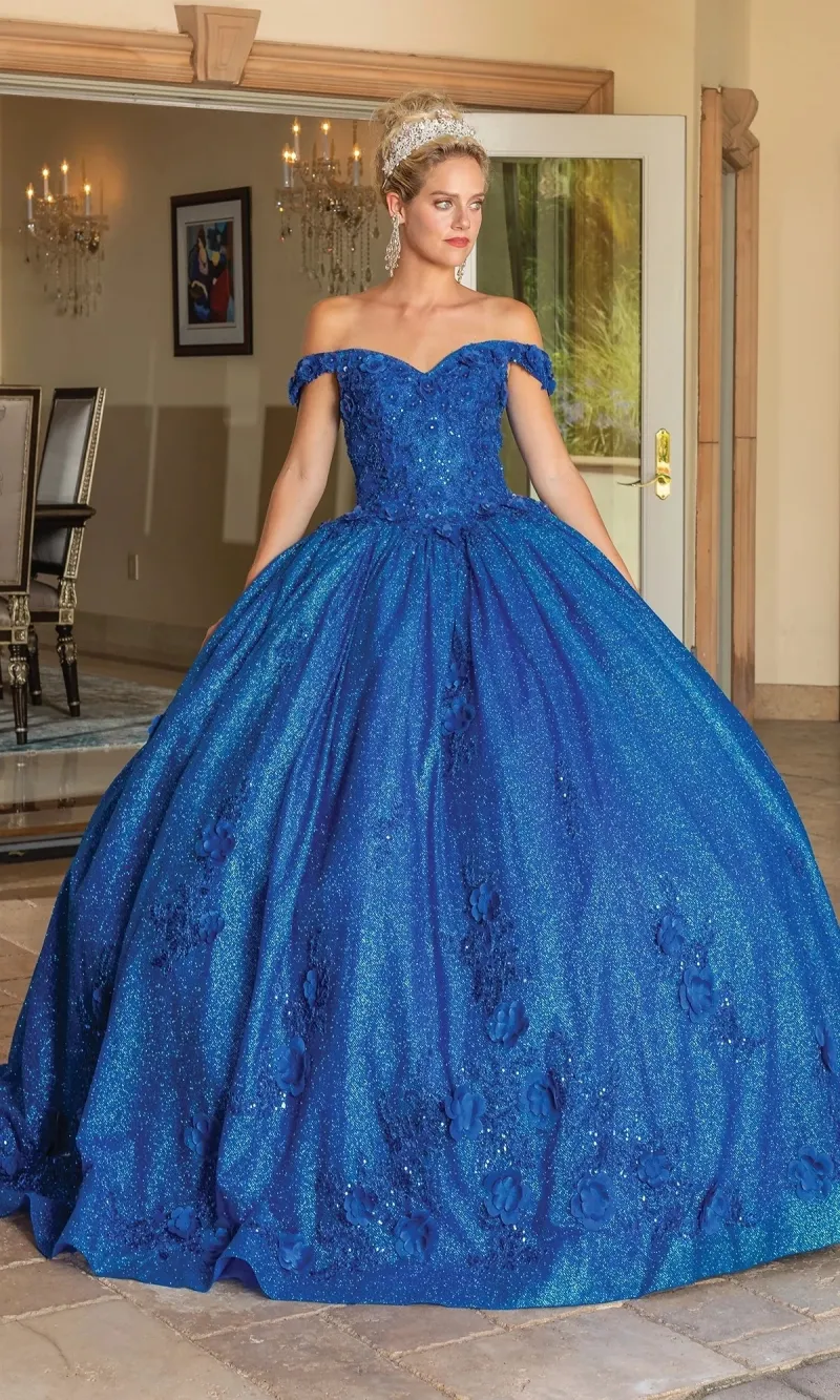 Vestido de 15 años Off Shoulder en tela de Glitter decorado con flores en 3D y falda corte Princesa