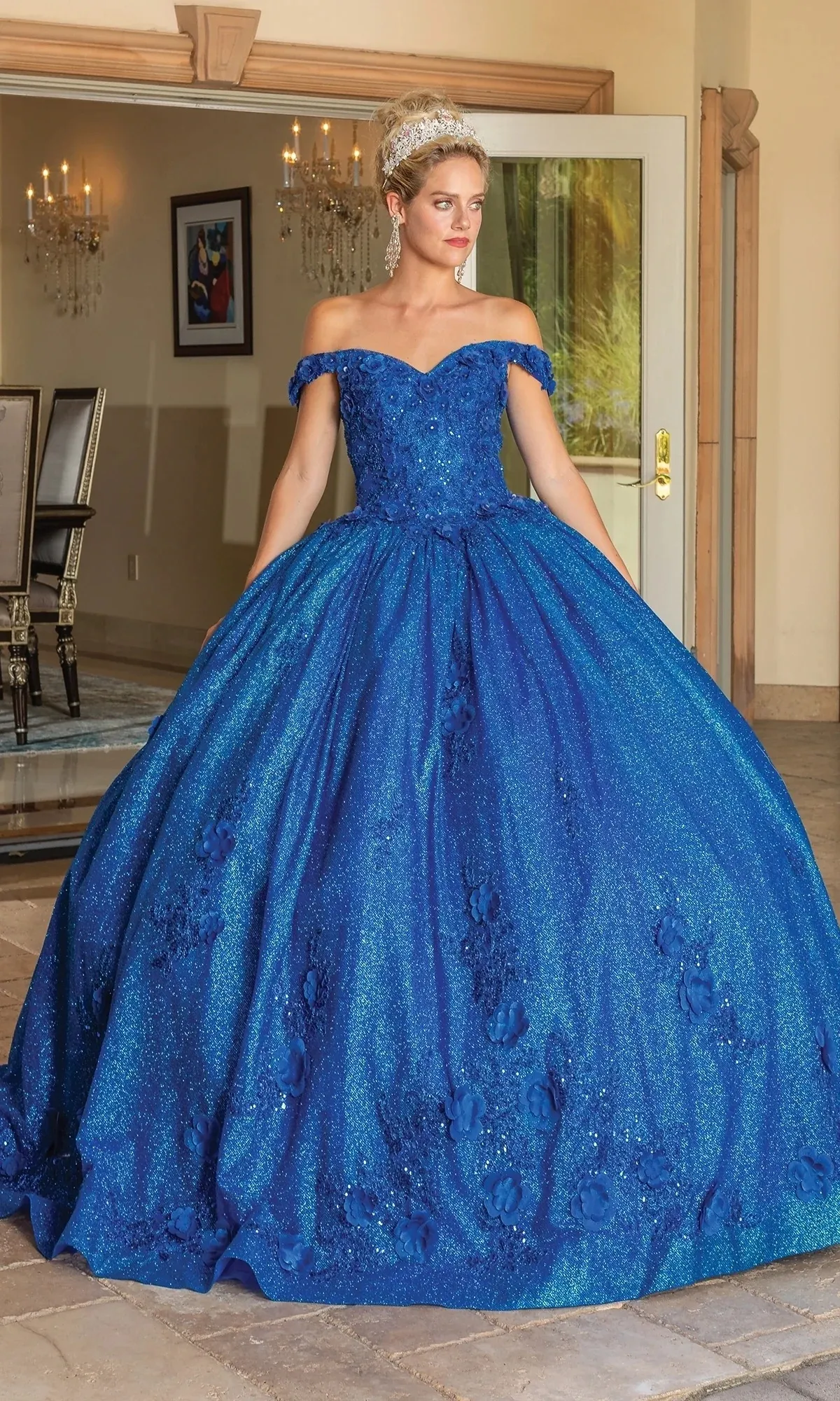Vestido de 15 años Off Shoulder en tela de Glitter decorado con flores en 3D y falda corte Princesa