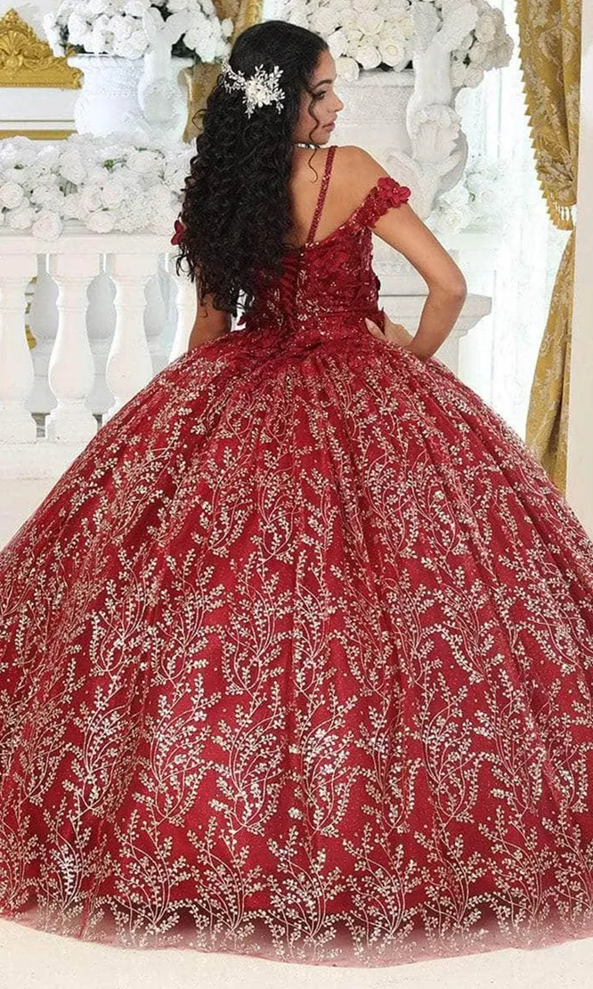 Vestido de 15 años Off Shoulder con capa, falda corte princesa decorado con Glitter y flores en 3D