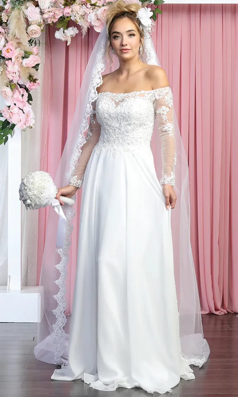 Vestido de gala Off Shoulder con mangas largas color Blanco decorado con apliques y falda corte A