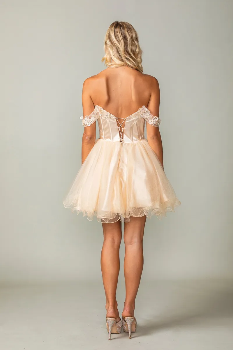 Vestido de Quinceañera corto Off Shoulder estilo corset decorado con apliques de flores y mariposas en Top