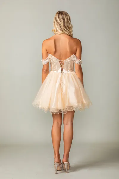 Vestido de Quinceañera corto Off Shoulder estilo corset decorado con apliques de flores y mariposas en Top