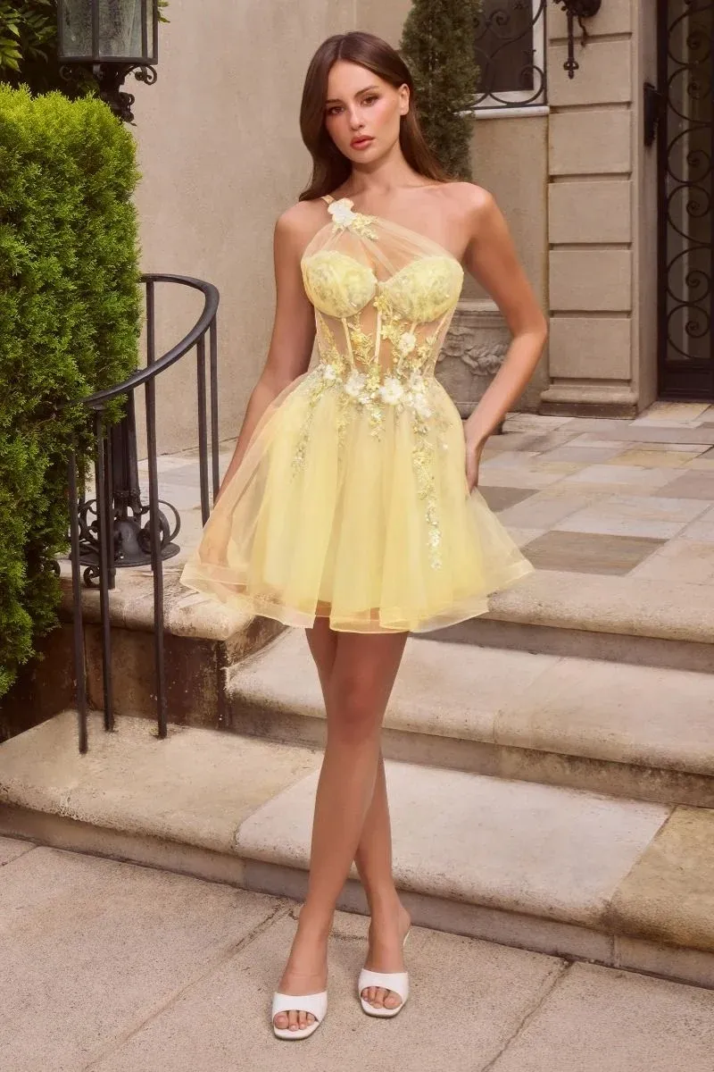 Vestido corto tipo cocktail one shoulder con corset ajustable en tela decorado con apliques y semitransparente en top