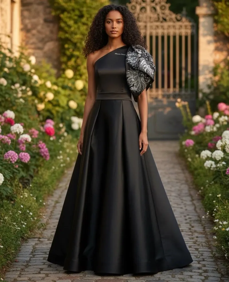 Vestido de Gala color Negro One Shoulder decorado con apliques plateados y falda corte A