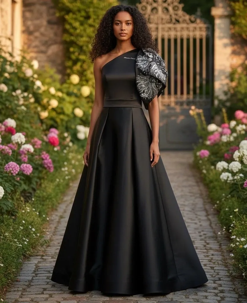 Vestido de Gala color Negro One Shoulder decorado con apliques plateados y falda corte A