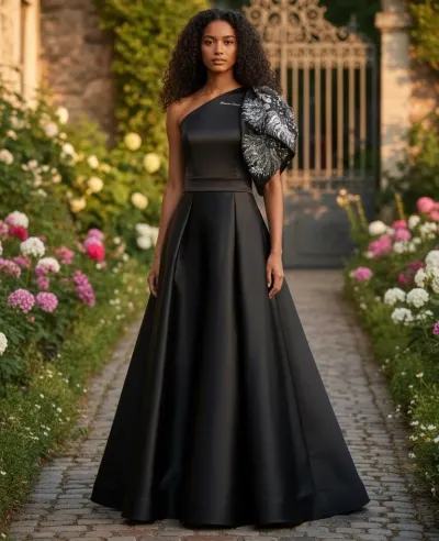 Vestido de Gala color Negro One Shoulder decorado con apliques plateados y falda corte A