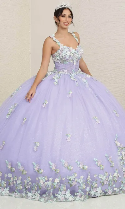 Vestido de 15 años decorado con apliques de flores en 3D y falda corte Princesa con Lazo