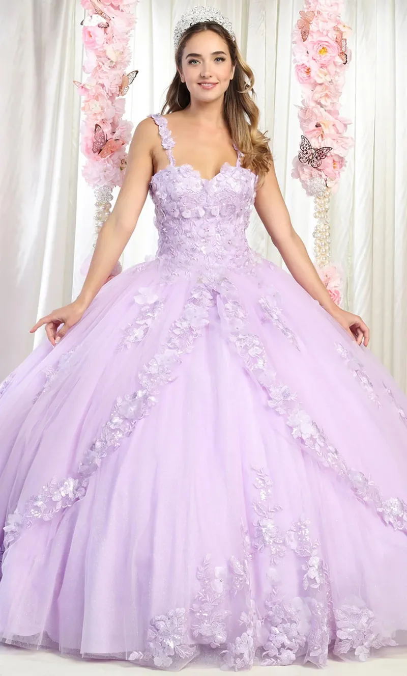 Vestido de 15 años de tiras decorado con apliques y flores en 3D en tela de Tull, falda corte princesa