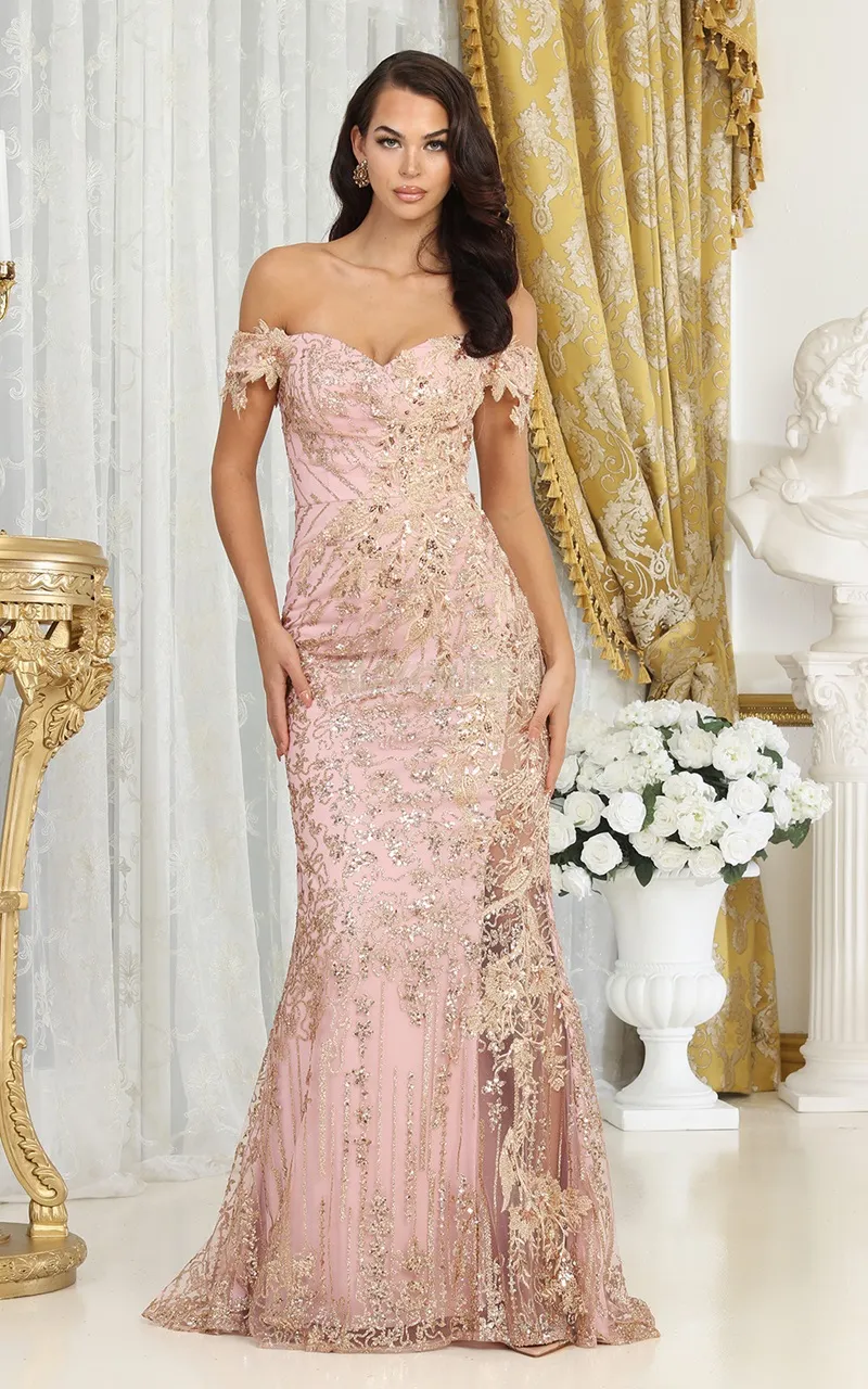 Vestido de Gala Off Shoulder en tela decorada con Glitter y apliques dorados