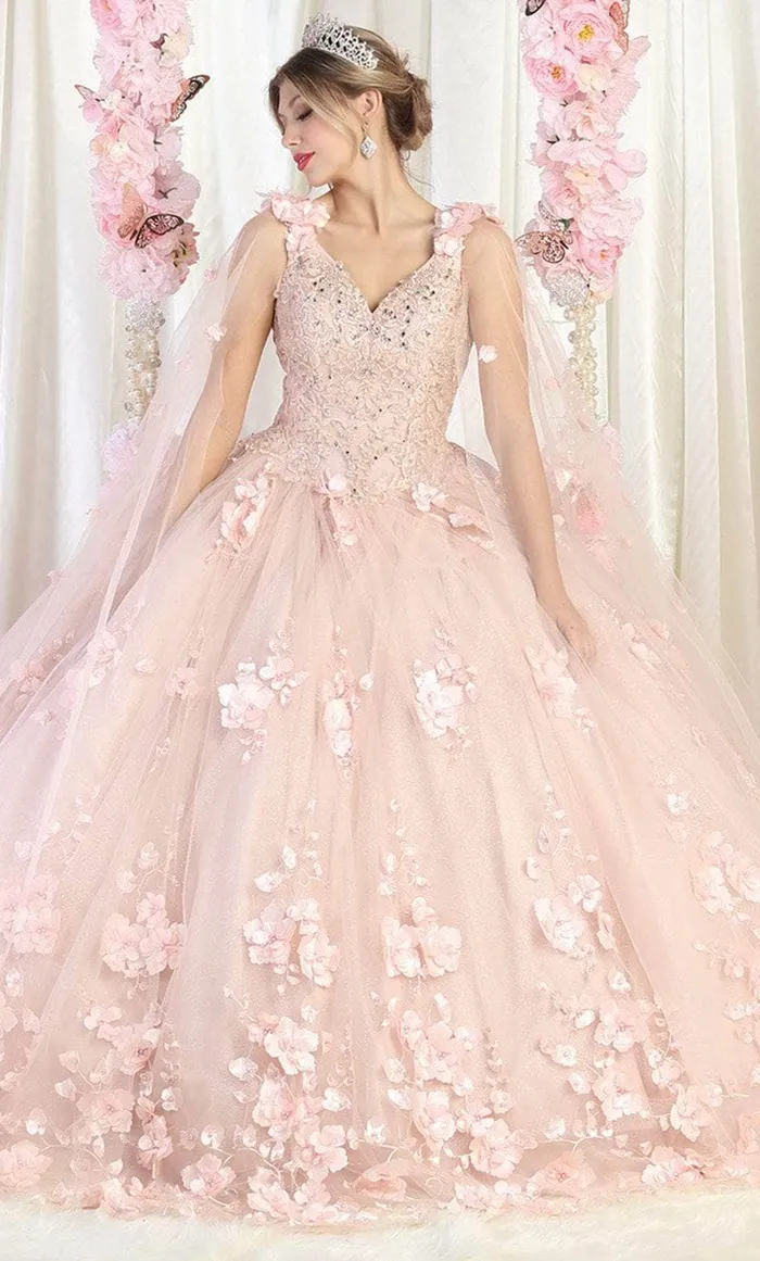 Vestido de 15 años de tiras decorado con apliques y flores en 3D en tela de glitter falda corte princesa con luces LED