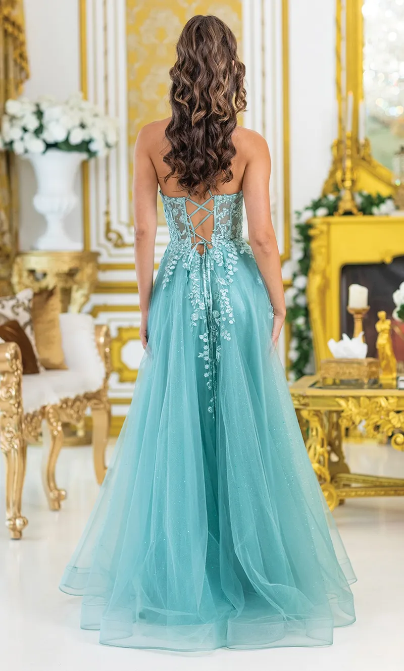 Vestido de gala de tiras estilo corset con transparencia decorado con apliques de flores y falda corte A