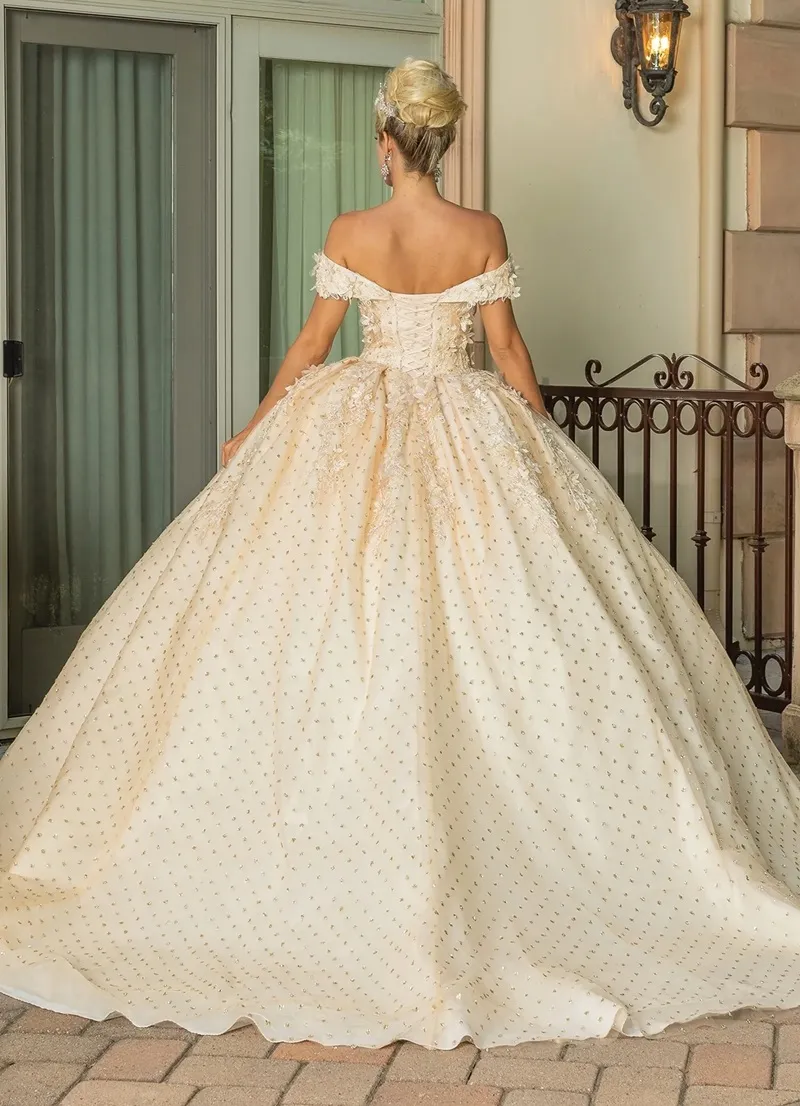 Vestido de 15 años Off Shoulder estilo corset decorado con flores 3D en Top y falda corte Princesa