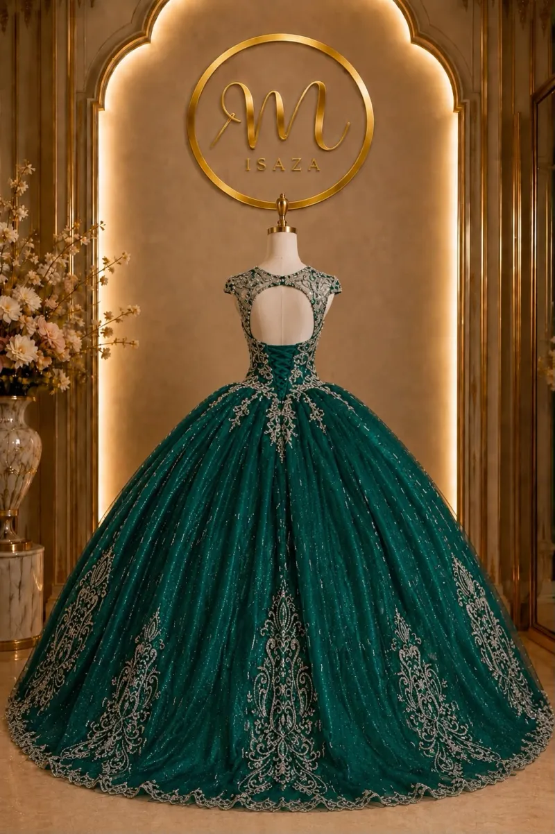 Vestido de 15 años Off Shoulder decorado con apliques dorados y falda corte Princesa