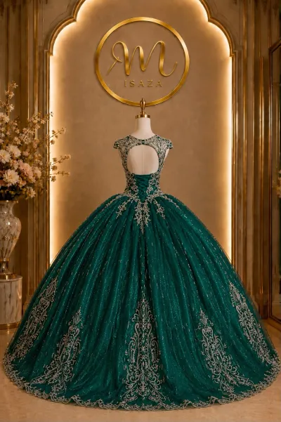Vestido de 15 años Off Shoulder decorado con apliques dorados y falda corte Princesa