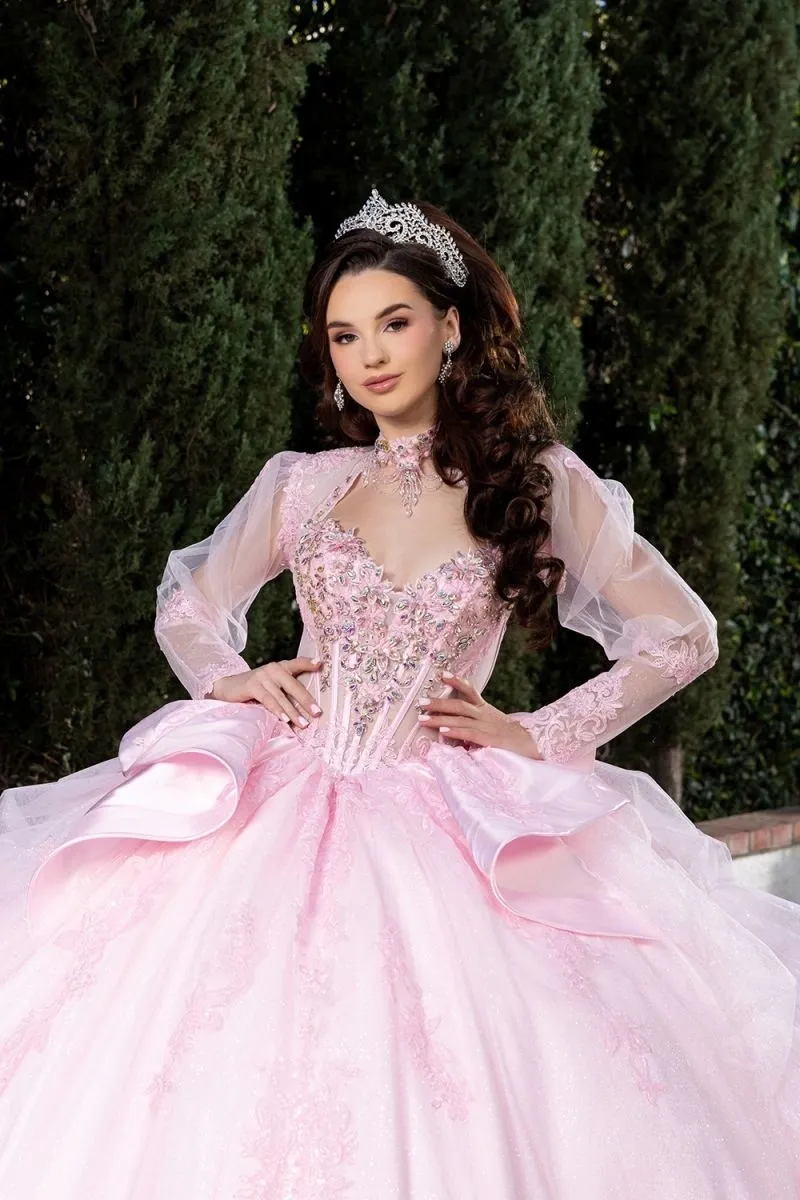 Vestido de 15 años Imperium con mangas abullonada decorado con pedrería y glitter, falda corte Princesa con cola