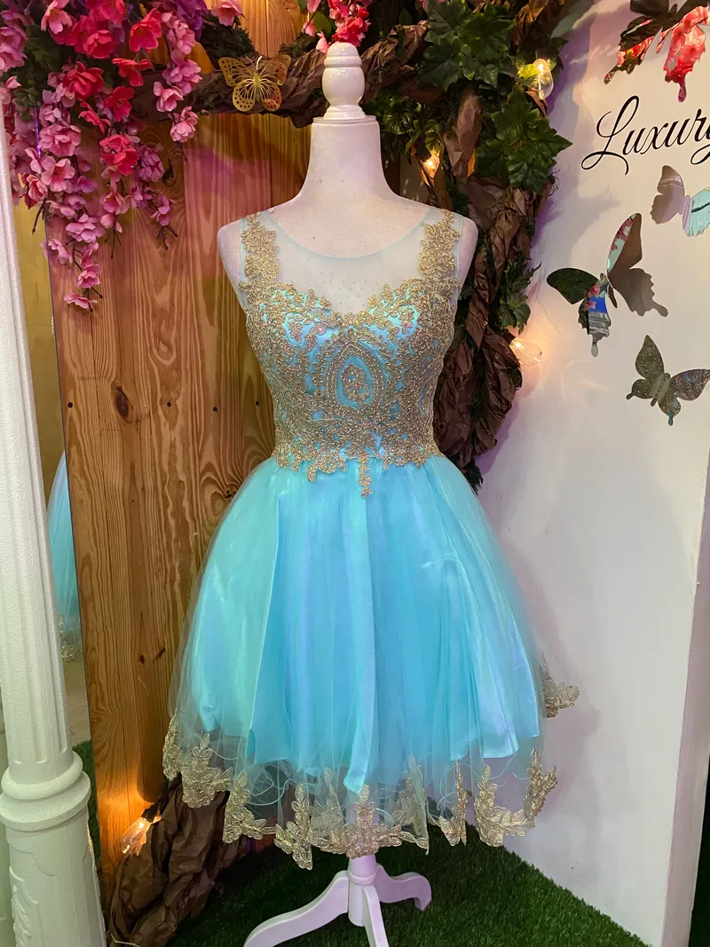 Vestido corto de Quinceañera decorado con apliques dorados en Top y falda corte A de Tul