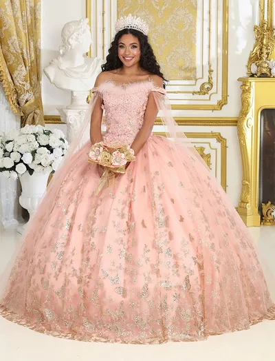 Vestido de 15 años Off Shoulder con capa en mangas decorado con plumas en Top, Glitter y apliques de mariposas