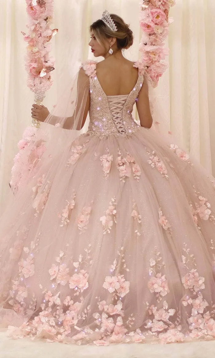 Vestido de 15 años de tiras decorado con apliques y flores en 3D en tela de glitter falda corte princesa con luces LED