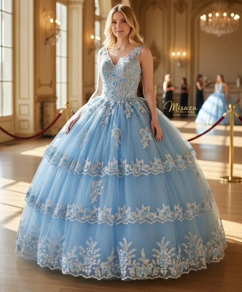 Vestido de 15 años de tiras con decoraciones de Glitter y falda corte Princesa