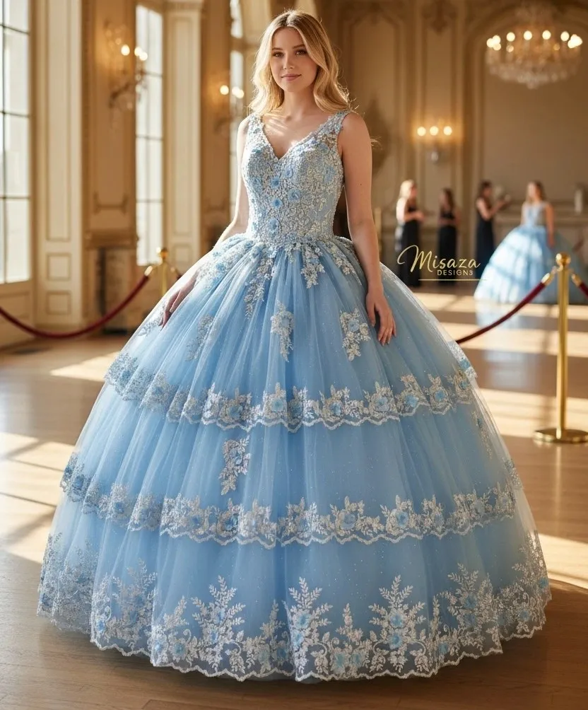 Vestido de 15 años de tiras con decoraciones de Glitter y falda corte Princesa
